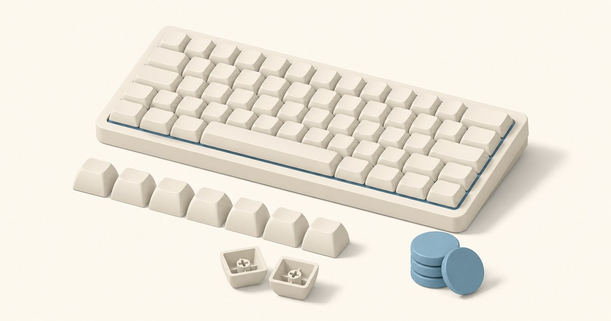 Cream mechanical keyboard with blank sculpted keycaps, a row of loose caps in front, two flipped to show cross stems, and a stack of blue discs.