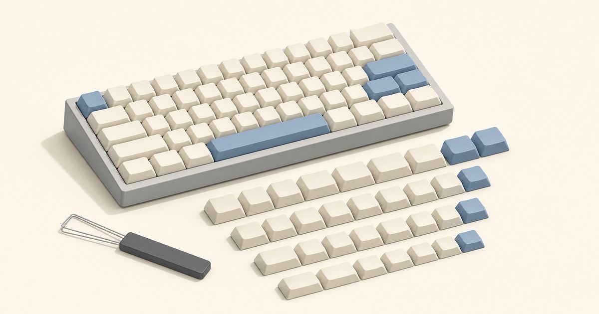 Compact gray mechanical keyboard with blank cream and blue PBT keycaps beside loose rows of spare keycaps and a wire keycap puller on a cream background