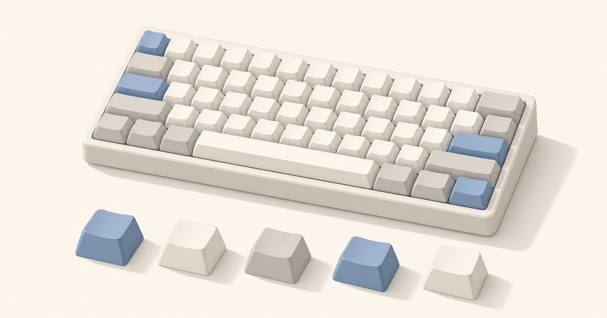 A compact cream mechanical keyboard with blue accent keys and five loose Cherry-profile keycaps arranged on a warm neutral surface.