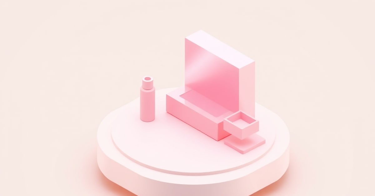 Flat isometric scene in pale pink: a tall upright panel behind a shallow basin, a small tray and a slim pump bottle on a round plinth, for cleaning keycaps.