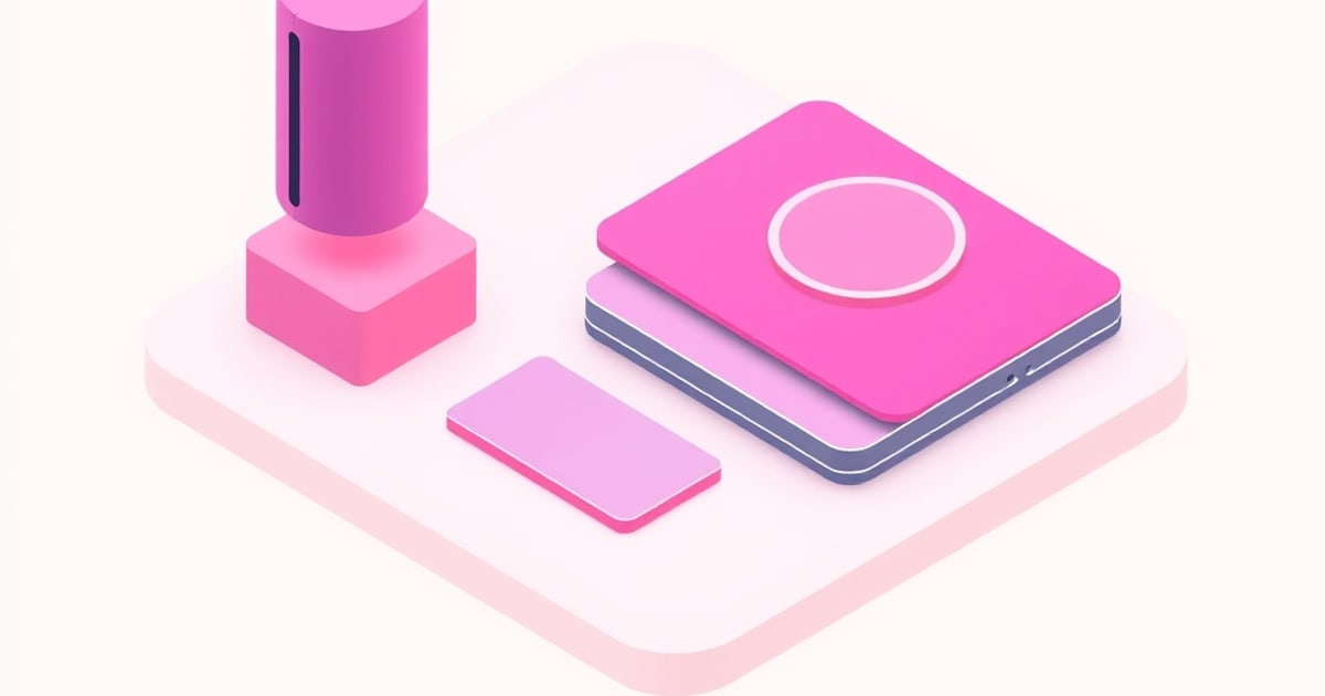 Flat isometric illustration of a pink cylinder over a cube beside a stack of pink and lilac slabs on a pale tray, standing in for keycap profile heights.
